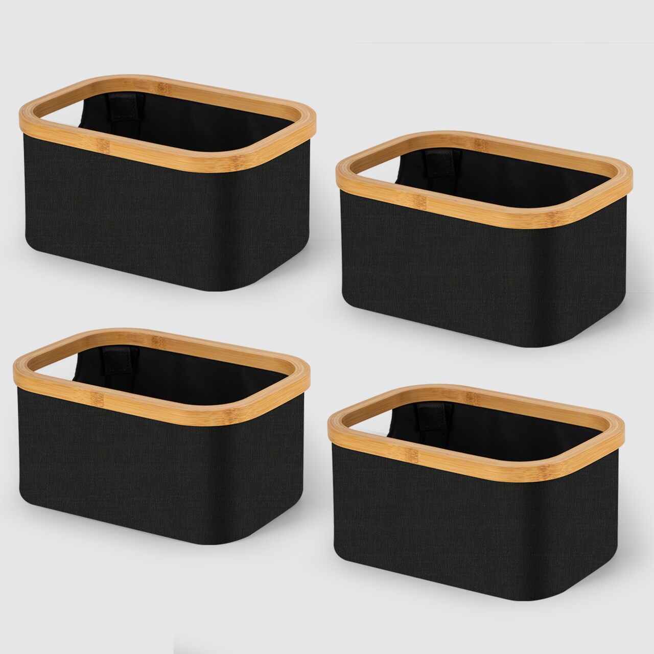 VUSIGN Bamboo Wood Frame Storage Small Black – Small Collapsible Fabric Storage Basket with Bamboo Handles, Black, for Home & Office Organization (4-Pack)